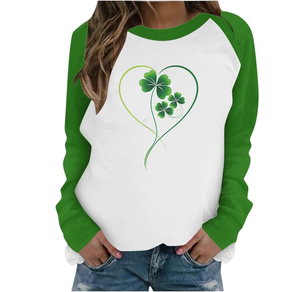 Saint Patricks Day Outfit Women Green Raglan Shirt Long Sleeve Shamrock Heart Print Shirts Crewneck Pullover Tops Irish Sweatshirt
