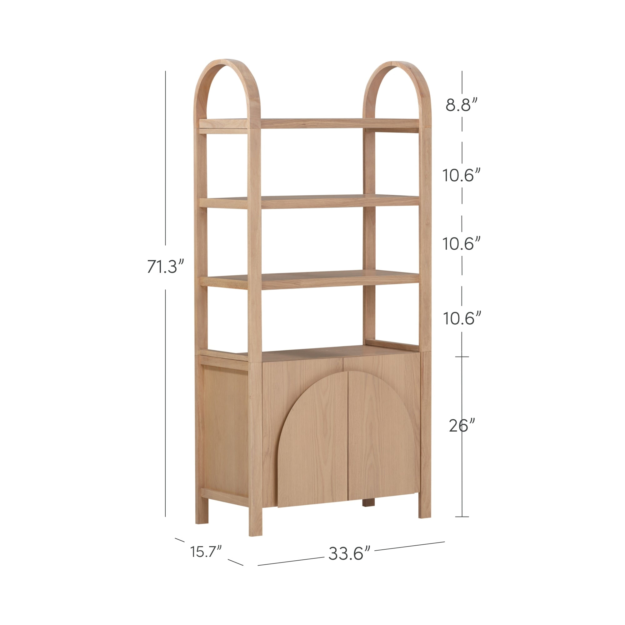 Nathan James Iris 3 Tier Bookshelf, Arched Bookcase Cabinet, Solid Wood Bookcase with Cabinet Base, Boho Bookshelf in Raw Oak Finish