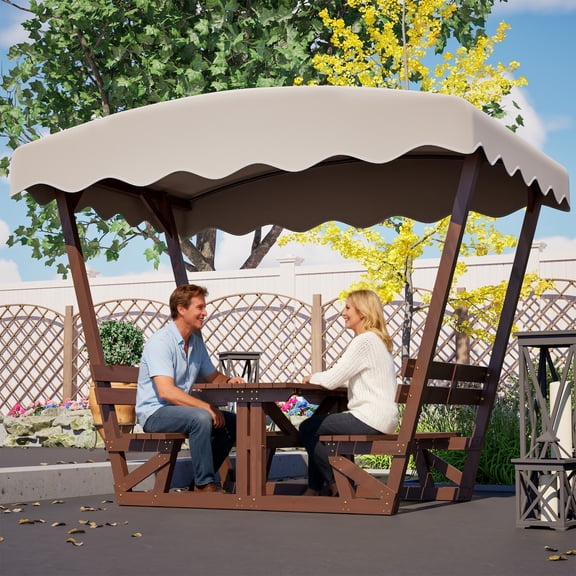 Outdoor Wood Picnic Table Set with Removable Canopy - Suitable for All-weather Patios, Gardens, Decks, Parks, Beaches