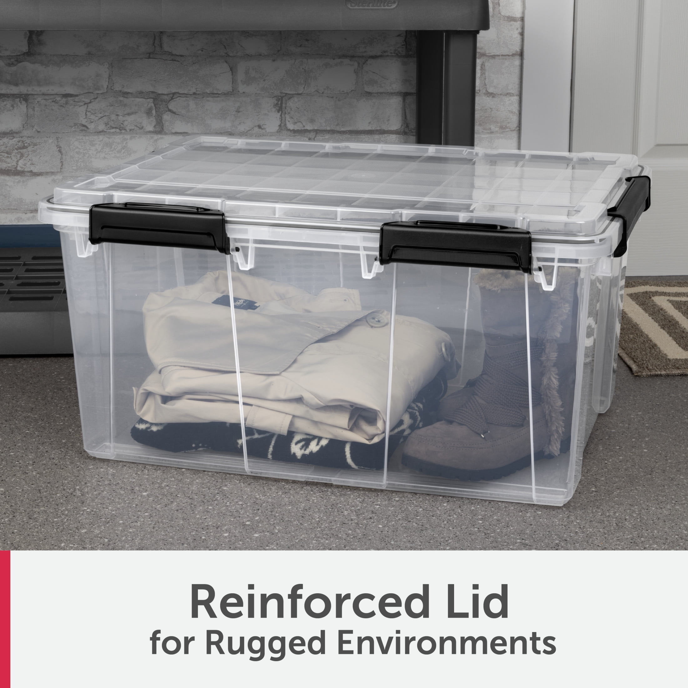 Sterilite Large Gasket Box, 80 Quart IP68 WaterProof Clear Plastic Storage Bin with Lid, Gasket Seal and Durable Latches, Black