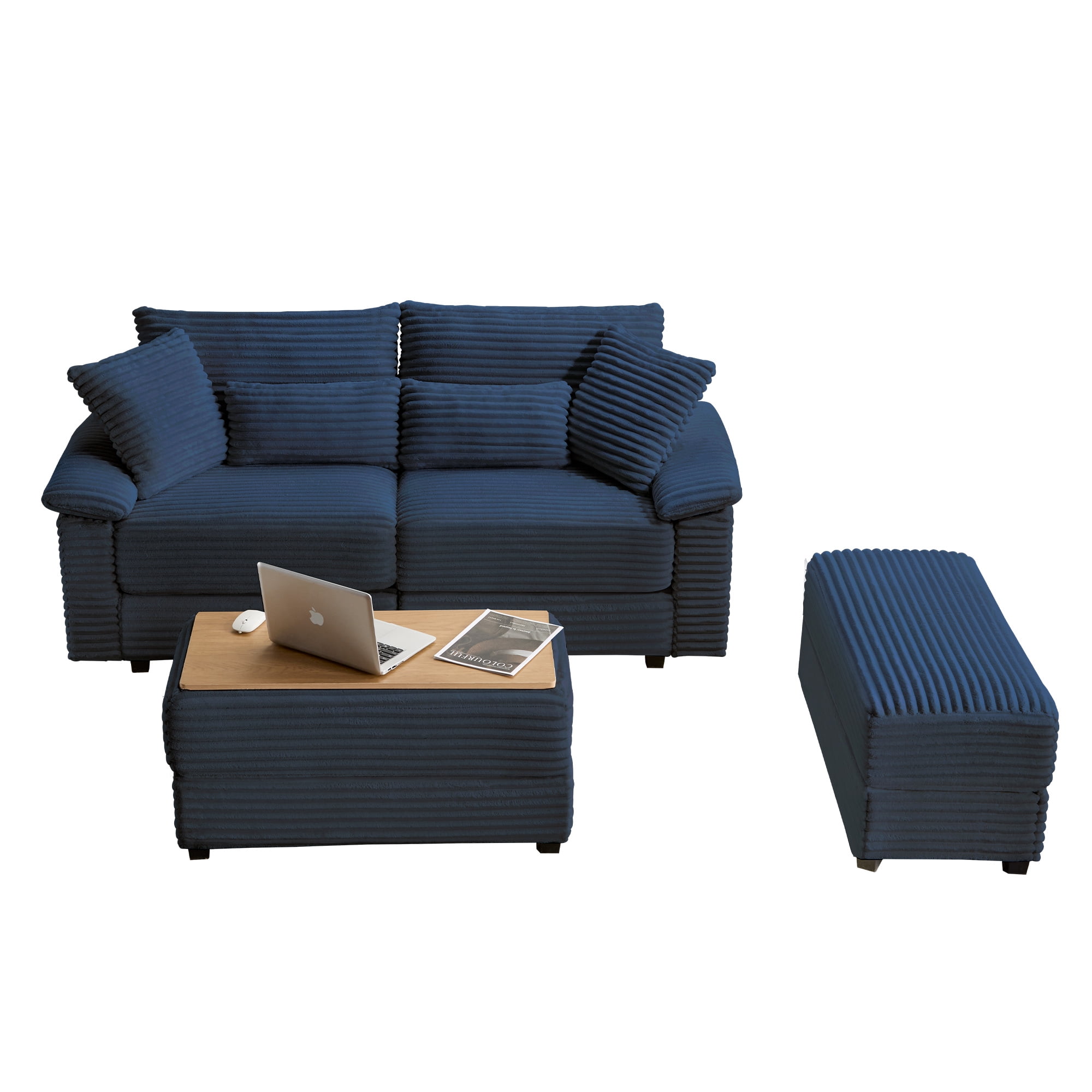 Alvantor 74" Sofa Loveseat with Reversible Ottoman & USB Port Corduroy Chaise Couch for Living Room Dark Blue