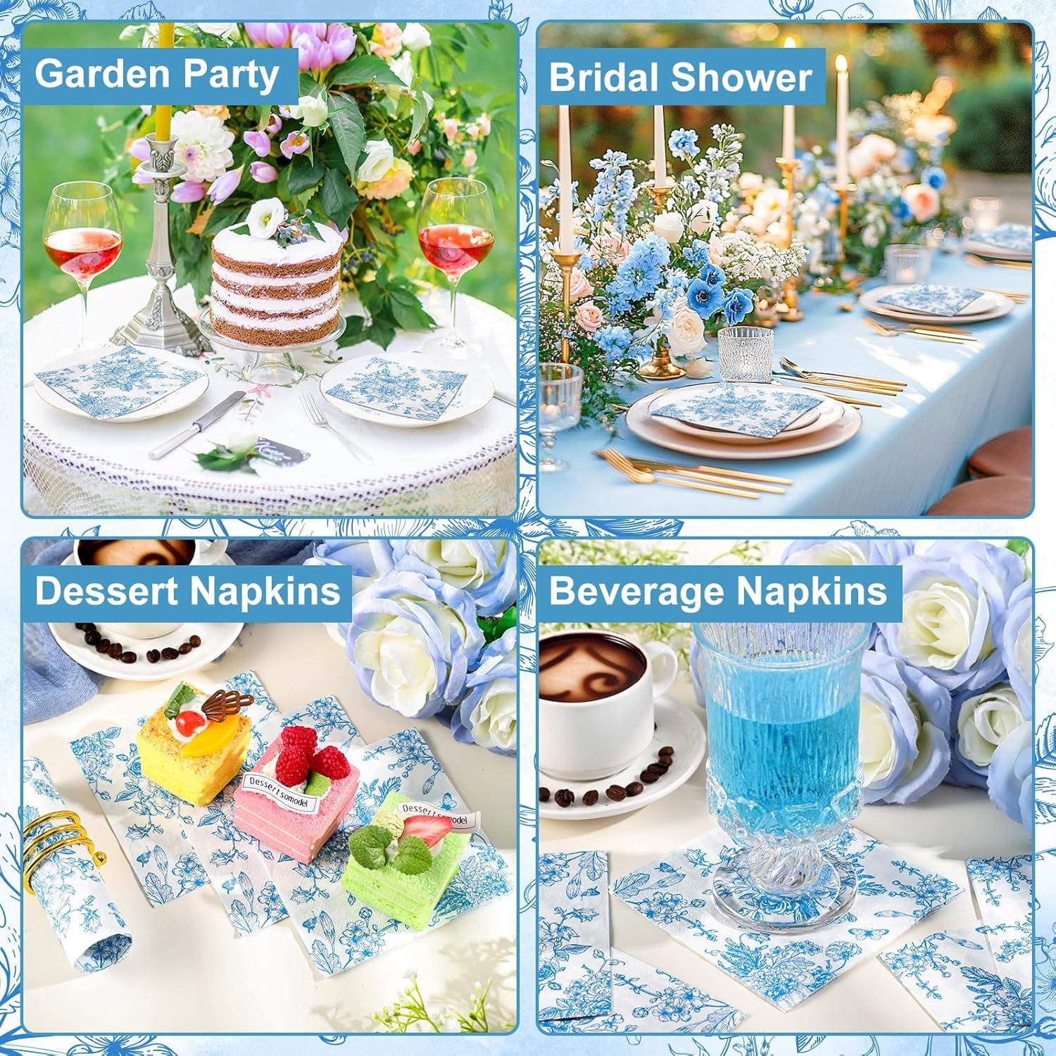 100 Pcs Blue Floral Napkins, Blue and White Decoupage Napkins Vintage Flower Butterfly Design Toile Napkin Cute Decorative Coastal Napkin for Wedding, Bridal Baby Shower,Tea Party, 5 x 5 Inch