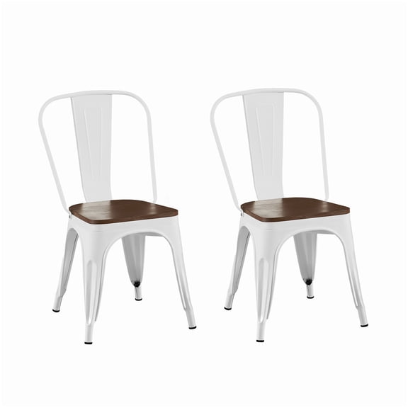Stackable White Metal Dining Chairs with Walnut Seat, Set of 2 for Kitchen & Dining Room, Modern Industrial