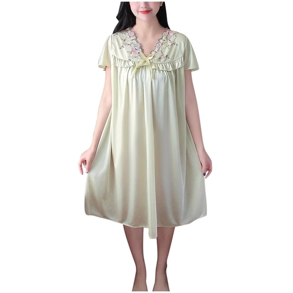 Bixock Women Pajamas Dress,Nightgowns for Women Summer V-Neck Casual Solid Short Sleeve Sleepshirts Dress