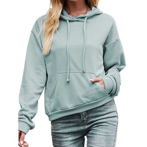 TRKIYQC Sudadera con capucha informal de otoño para mujer, sudadera con capucha de manga larga de color sólido con cordón y bolsillo TRKIYQC moda