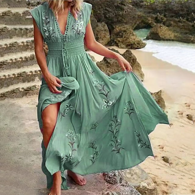 Robe d'Été pour Femmes 2024 Mode Grande Taille Imprimé Col en V Bohème Ventilée Sexualité Robe Flottante 50 % de Réduction!