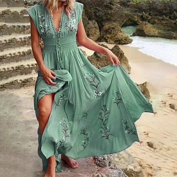 Yuwull Hawaiian Summer Maxi Dresses Tunic Holiday Dresses For Women Floral Print Side Split Long Dresses Boho Sleeveless Evening Party Beach Sundress