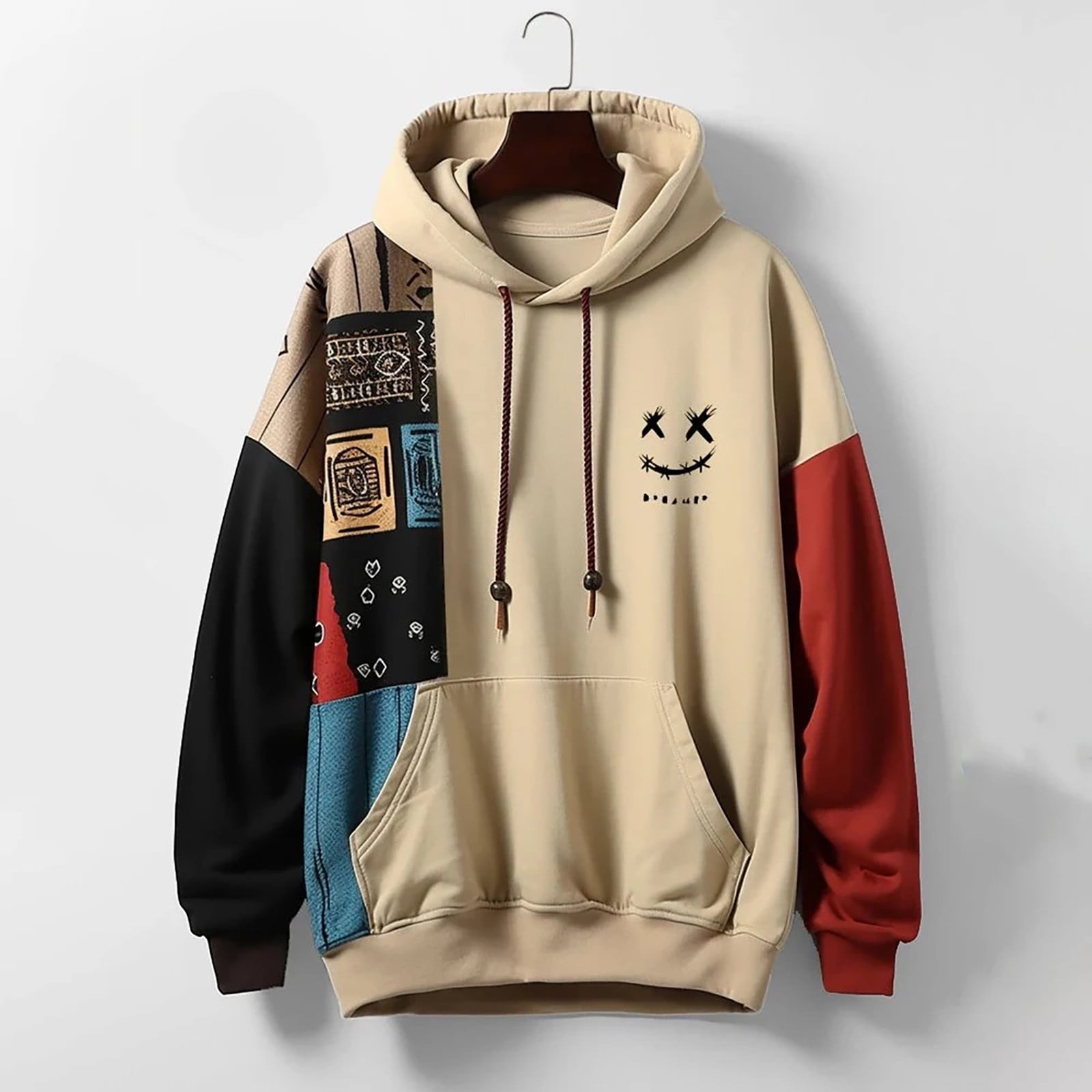 Hpapadks Mens Hoodies Vintage Patchwork Hoodies Pullover with Front Pocket Long Sleeve Drawstring Hooded Mens Sweatshirts