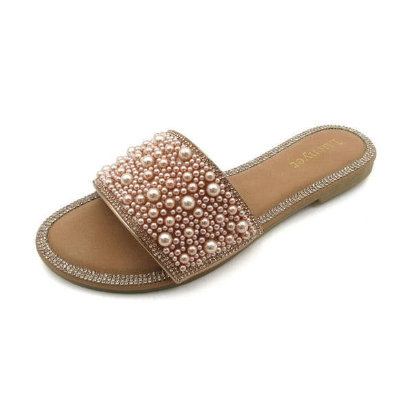 COM STAR Women's Shiny Pearls Flat Sandals Fashion Round Toe Open Toe Jewelry Slip On Shoes Slip In Rhinestone Glitter Slippers,Sizes 6-10
