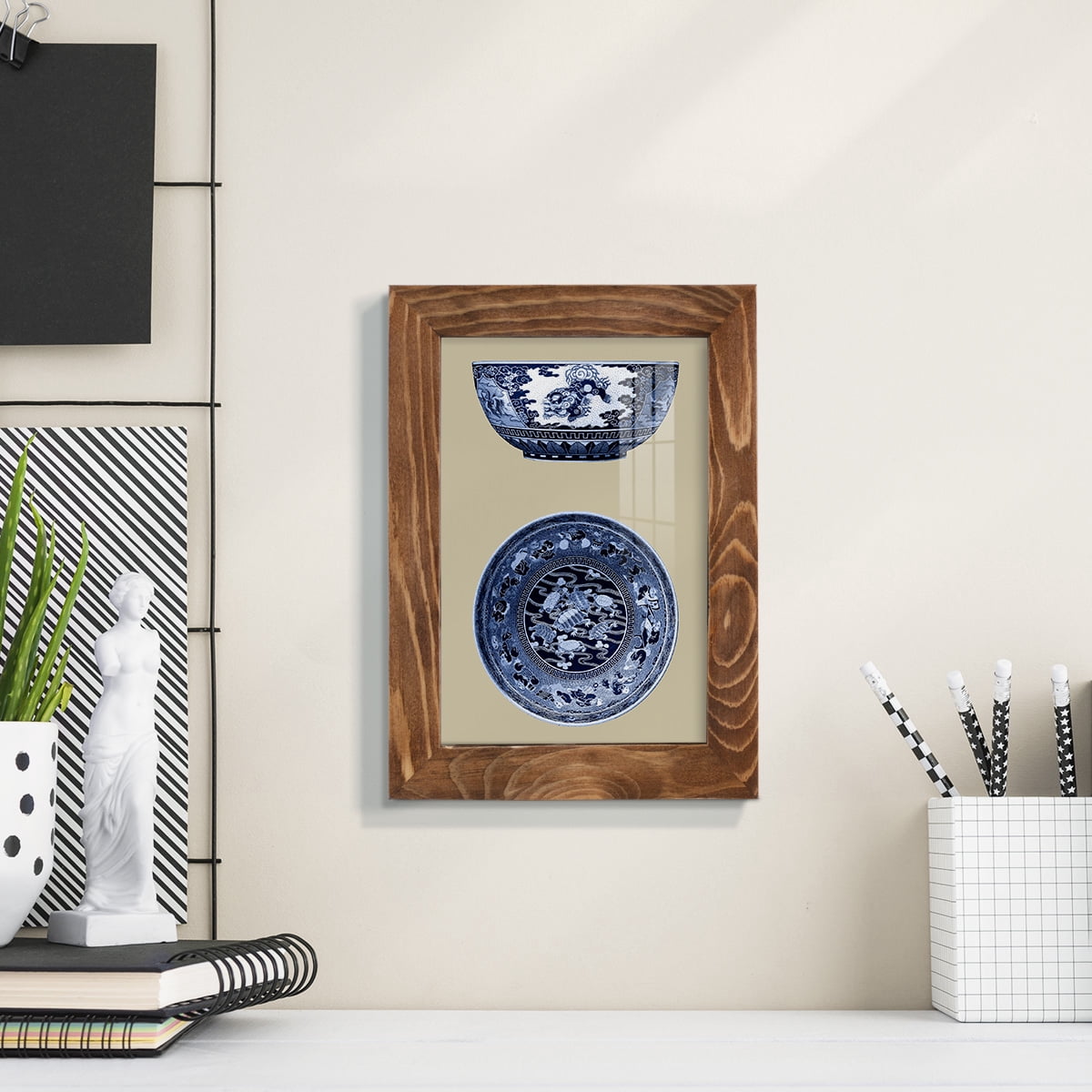 Porcelain in Blue and White I -Framed Print w/glass-Walnut
