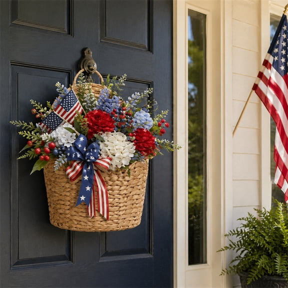 Independence Day Wall Mounted Woven Flower Pot, Multi-Purpose Home Storage Basket, Hanging picking Container, Rustic Decor for Balcony Wall, Courtyard Porch and Household Sundry Storage