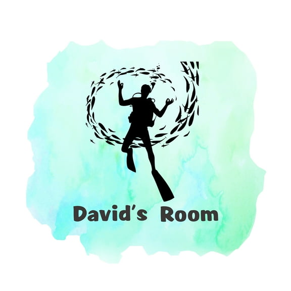 SCUBA DIVING - Removable Kids Bedroom Scuba Diver School Of Fish Silhouette Decoration Personalized Name Lettering Art Vinyl Home Wall Decal Sticker 20" x 18"