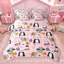 Homewish Happy Halloween 7-Piece Twin Bedding Sets,Pet Kitten Lovers Bedding Comforter Set,Pumpkin Purple Castle Sheet Sets For Boys,Luxury Bedroom Decor Reversible