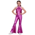 thumbnail image 2 of Xnihocha Kids Girls Metallic Dance Outfit Sleeveless Fringe Jumpsuit Flare Bell Bottom Pants 70s Disco Party Overalls Hot Pink 8, 2 of 6