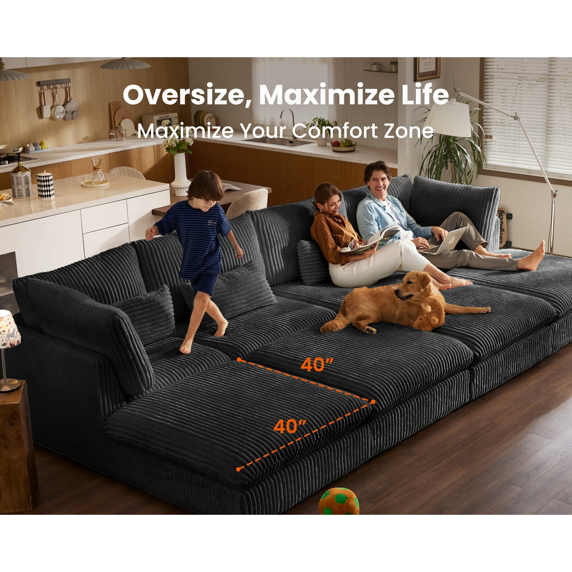 CHIC HOUSE Modular Sectional Ottoman,Plush Corduroy Upholstered Chaise Seat,Chenille Fabric Convertible Unit for Oversized Couch,Black