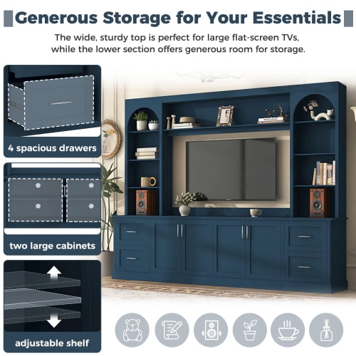 Modern Arched Farmhouse TV Stand for TVs up to 65 Inches, Entertainment Center with Drawers, Cable Holes and Adjustable Shelves, Blue