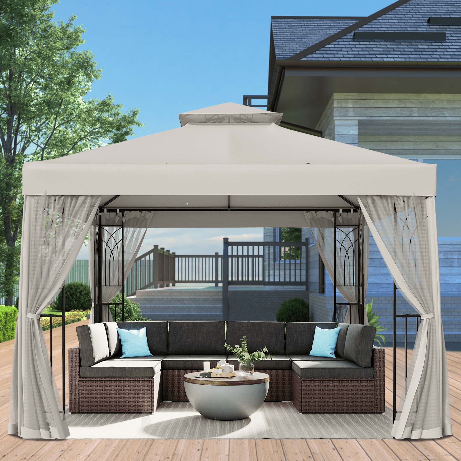 EAGLE PEAK 10 ft. x 10 ft. Outdoor Patio Gazebo Canopy Tent with Ventilated Double Roof and Mosquito Net,Beige