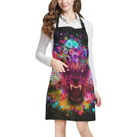 

ASHLEIGH Angry Wolf Head Adjustable Bib Apron for Cooking Baking Gardening Home Kitchen Apron for Women Men with Pockets
