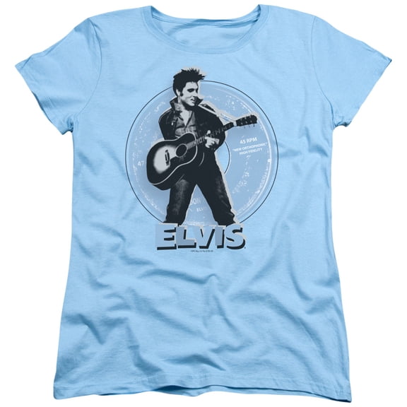 Trevco ELV413-WT-4 Elvis Presley & 45 RPM Womens Short Sleeve T-Shirt, Light Blue - Extra Large