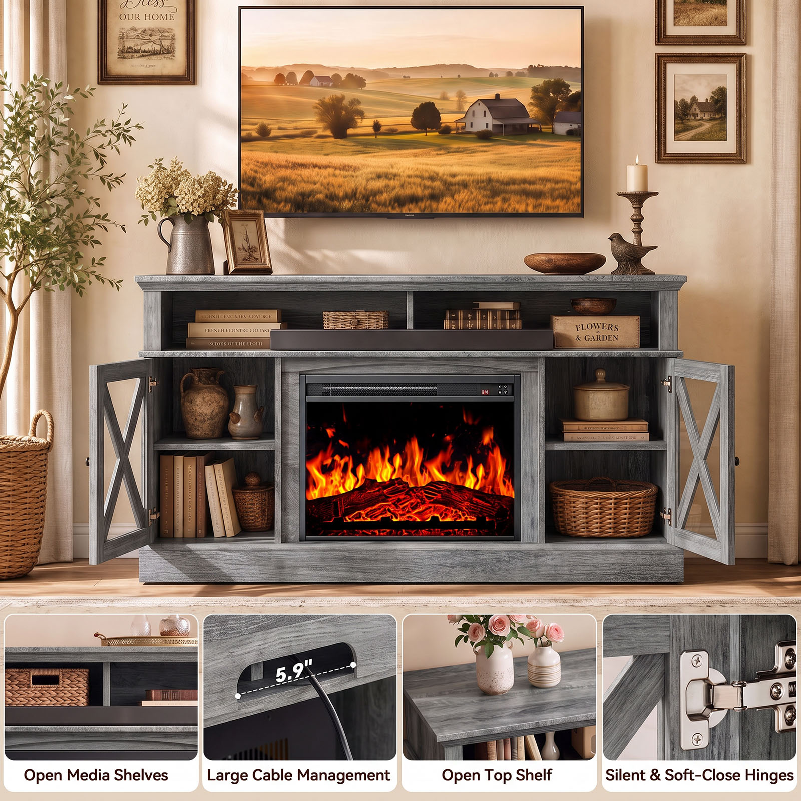 Chitooma 75" Farmhouse Electric Fireplace TV Stand, Gray photo 5