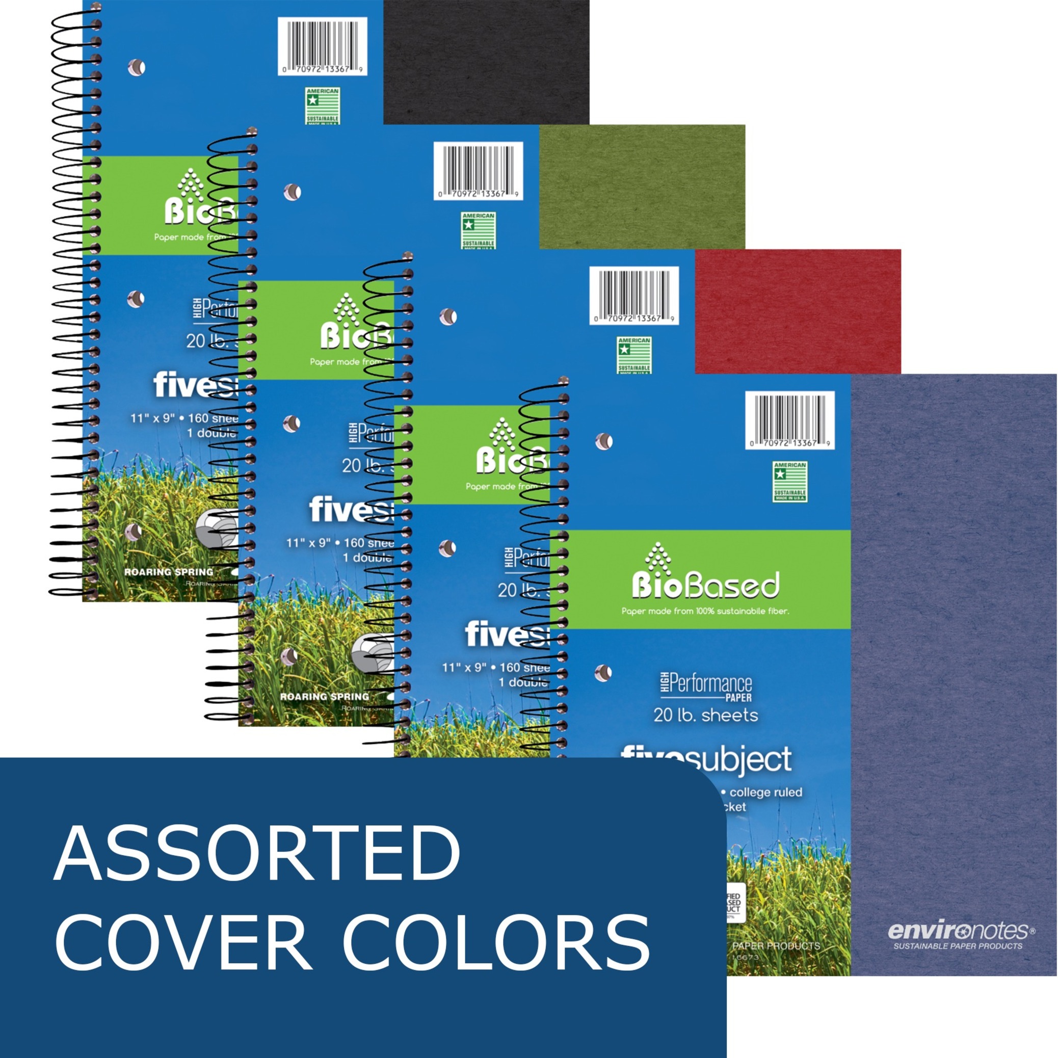 Roaring Spring Environotes College Ruled 5 Subject Recycled Spiral Notebook, 1 Case (12 Total), 11" x 9" 160 Sheets, Assorted Earthtone Covers