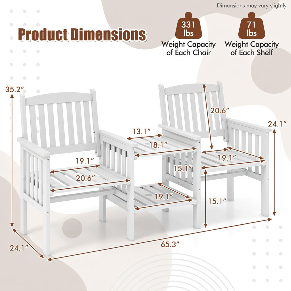 Hommoo Outdoor Fir Wood Loveseat Set with 2-Tier Side Table & 1.96-Inch Umbrella Hole, White