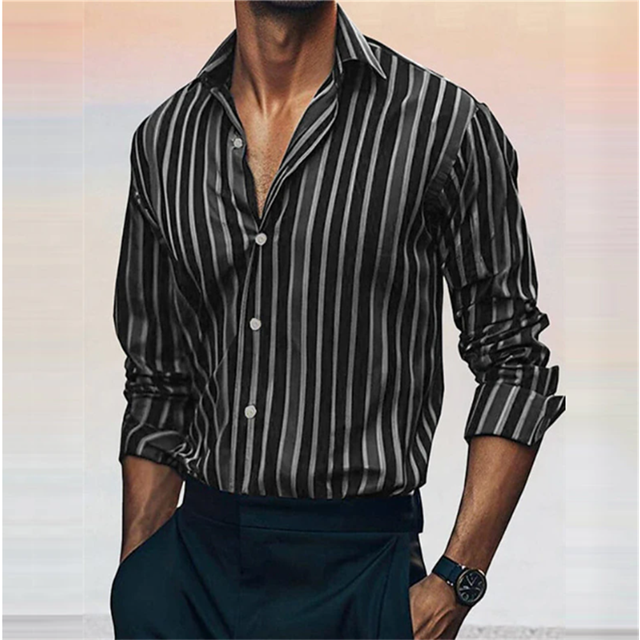 Camisa de hombre con solapa a tope, camisa informal a rayas para verano, camisa playera de manga larga con solapa a tope, blusa cómoda para uso diario en resorts