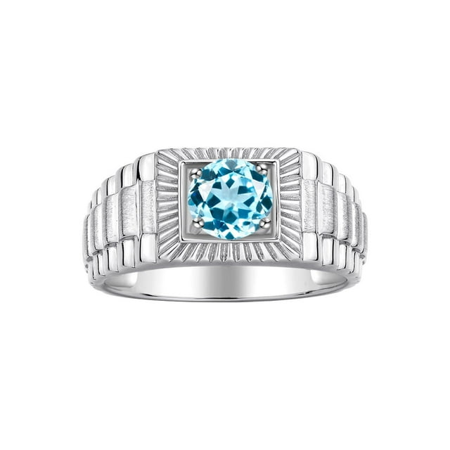 RYLOS Men's Ring 14K White Gold Ring, 7MM Round Shape Gemstone Designer Style Rings Blue Topaz December Birthstone Rings Gold Size 8