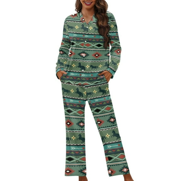 FOR U DESIGNS Aztec Tribal Pajama Sets for Women 2 Piece Button Up Night Shirts for Women Size XS Sleepwear Long Sleeve Pants and V-neck Tops for Women Jogger Loungewear