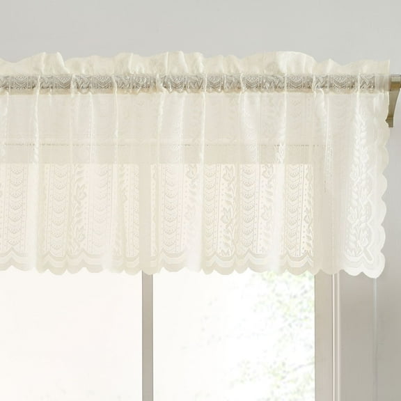 THD Sofia Floral Rod Pocket Lace Semi Sheer Voile Short Valance for Small Windows, Kitchen & Bathroom - 54 x 18 Inch Long (Ivory Valance)