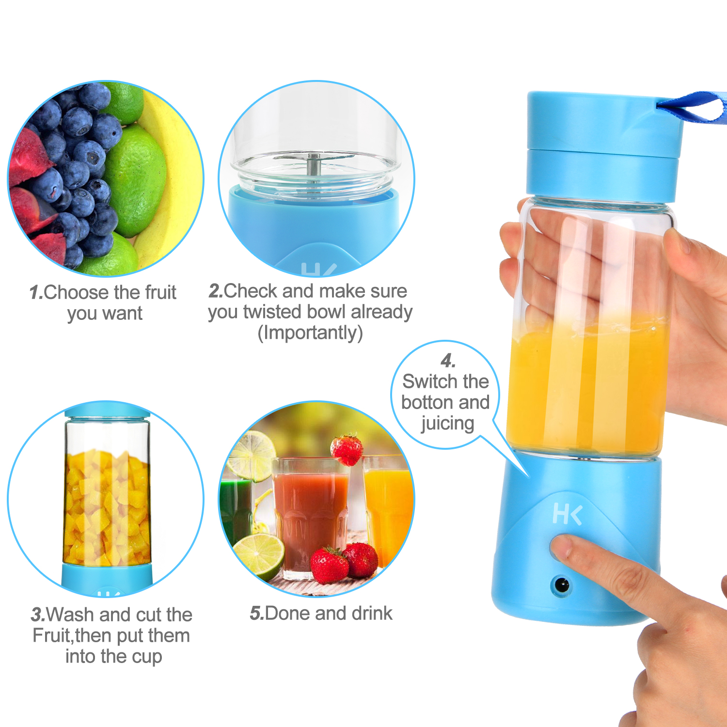 Mini USB Electric Portable Fruit Juicer Mixer Bottle 2 Vane 380ml