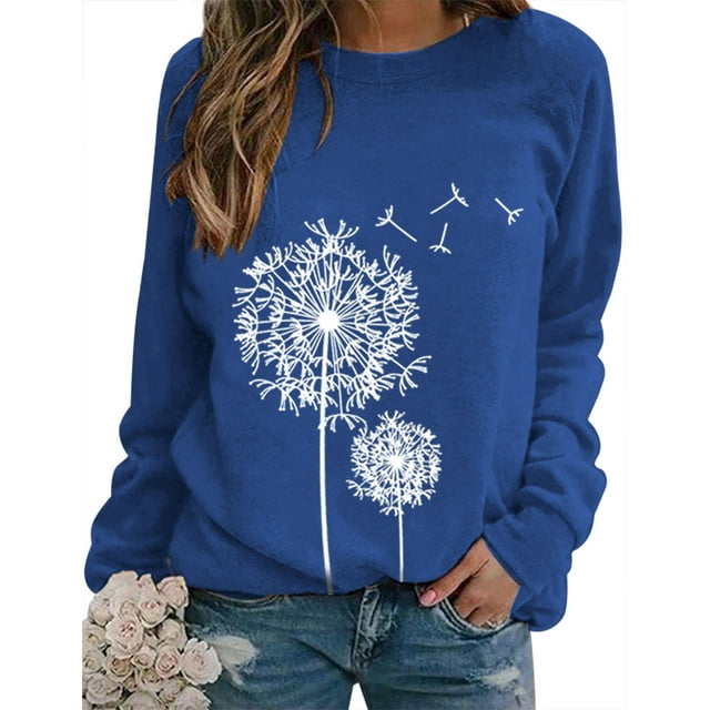 ZXZY Women Dandelion Graphic Print Round Neck Long Sleeve Pullover
