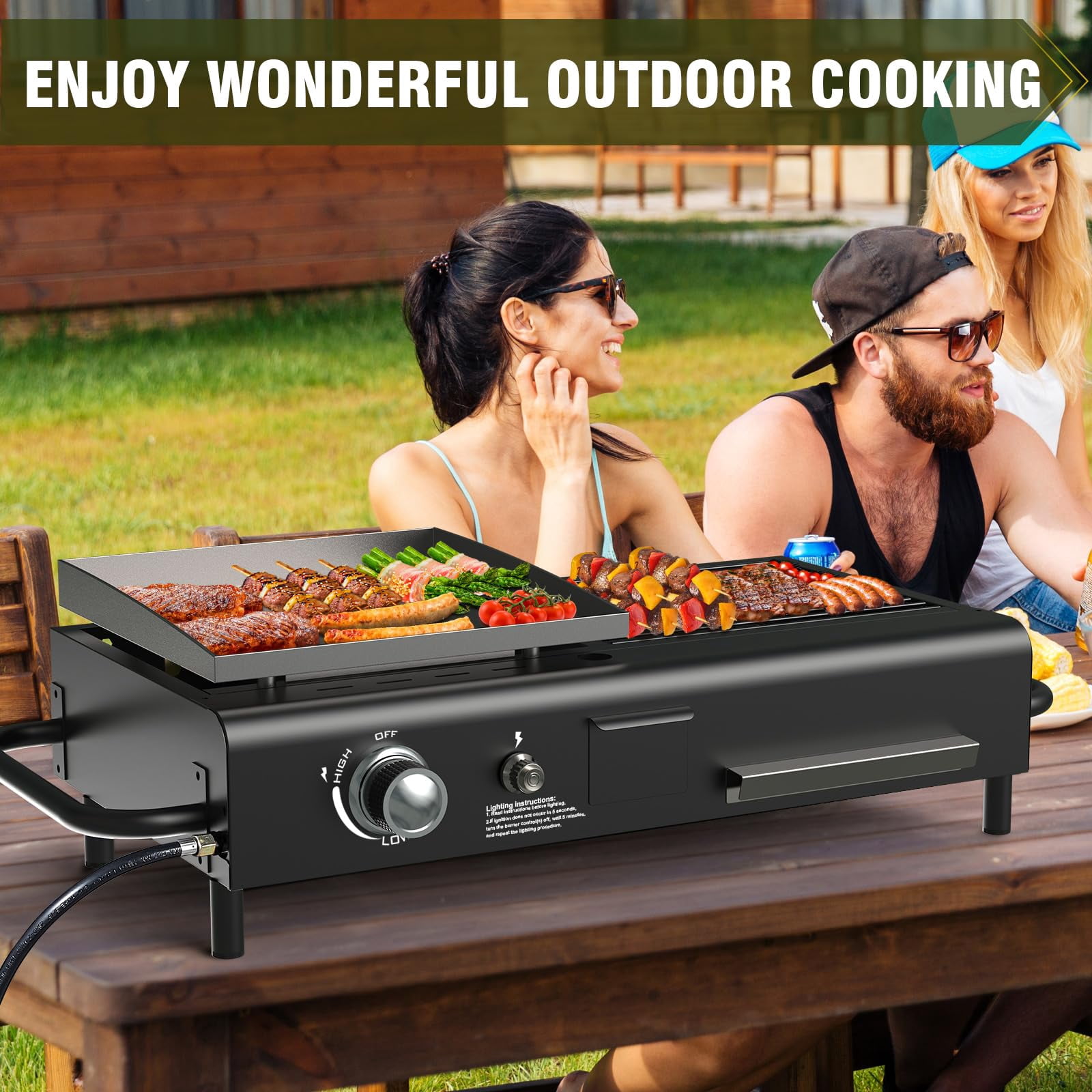 Frizi Flat Top Griddle with Dual Fuel, Tabletop Propane & Charcoal Grill Combo, 12000 BTU, 2 Side Shelves – Compact BBQ Grill for Patio, Camping & Small Outdoor Spaces
