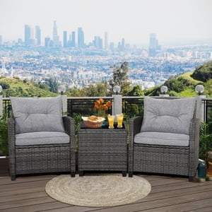 Gymax 3-Piece Patio Rattan Conversation Set, Gray Cushions