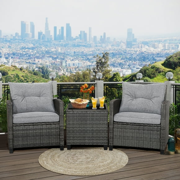 Gymax 3PCS Patio Rattan Sofa Set Outdoor Wicker Conversation Set Glass Tabletop w/ Grey Cushion