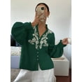thumbnail image 4 of Women'S Embroidered Linen Shirts Button Up Sleeve V Neck Boho Blouse Green XL, 4 of 8