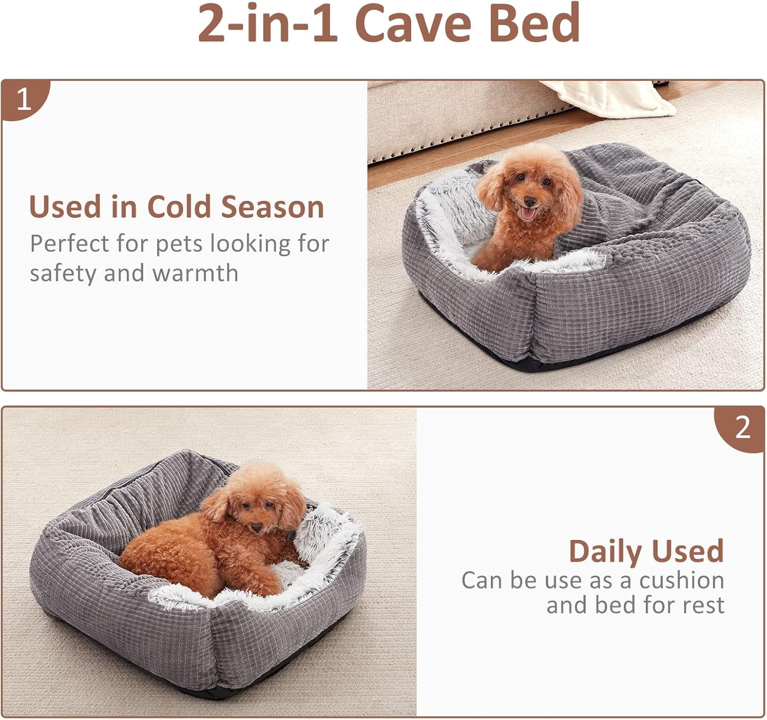 Luxury Orthopedic Dog Bed With Blanket Hood Grey 25 Inches Soft Faux Fabric