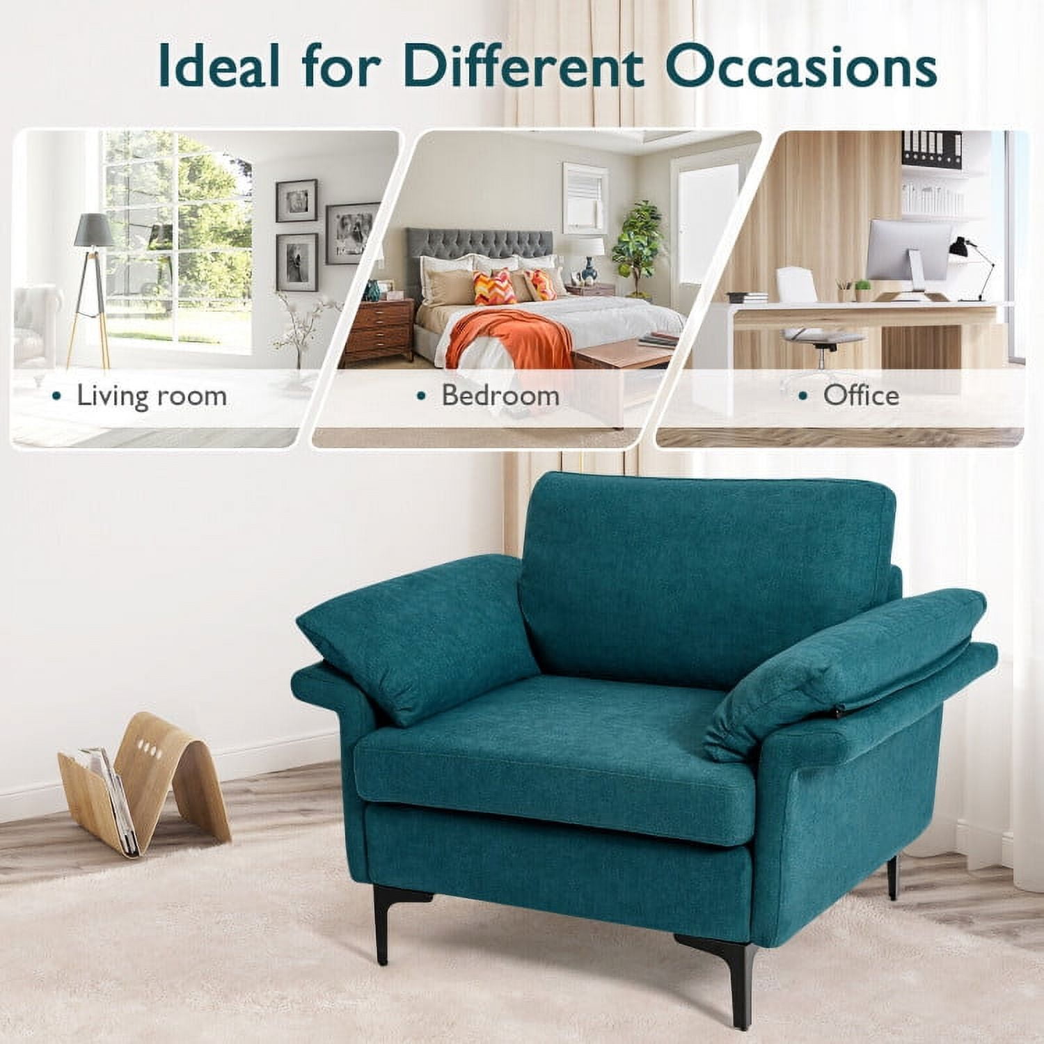 Finihen Upholstered Accent Armchair, Modern Fabric Accent Armchair with Original Distributed Spring and Armrest Cushions, for Living Room, Bedroom, Peacock Blue