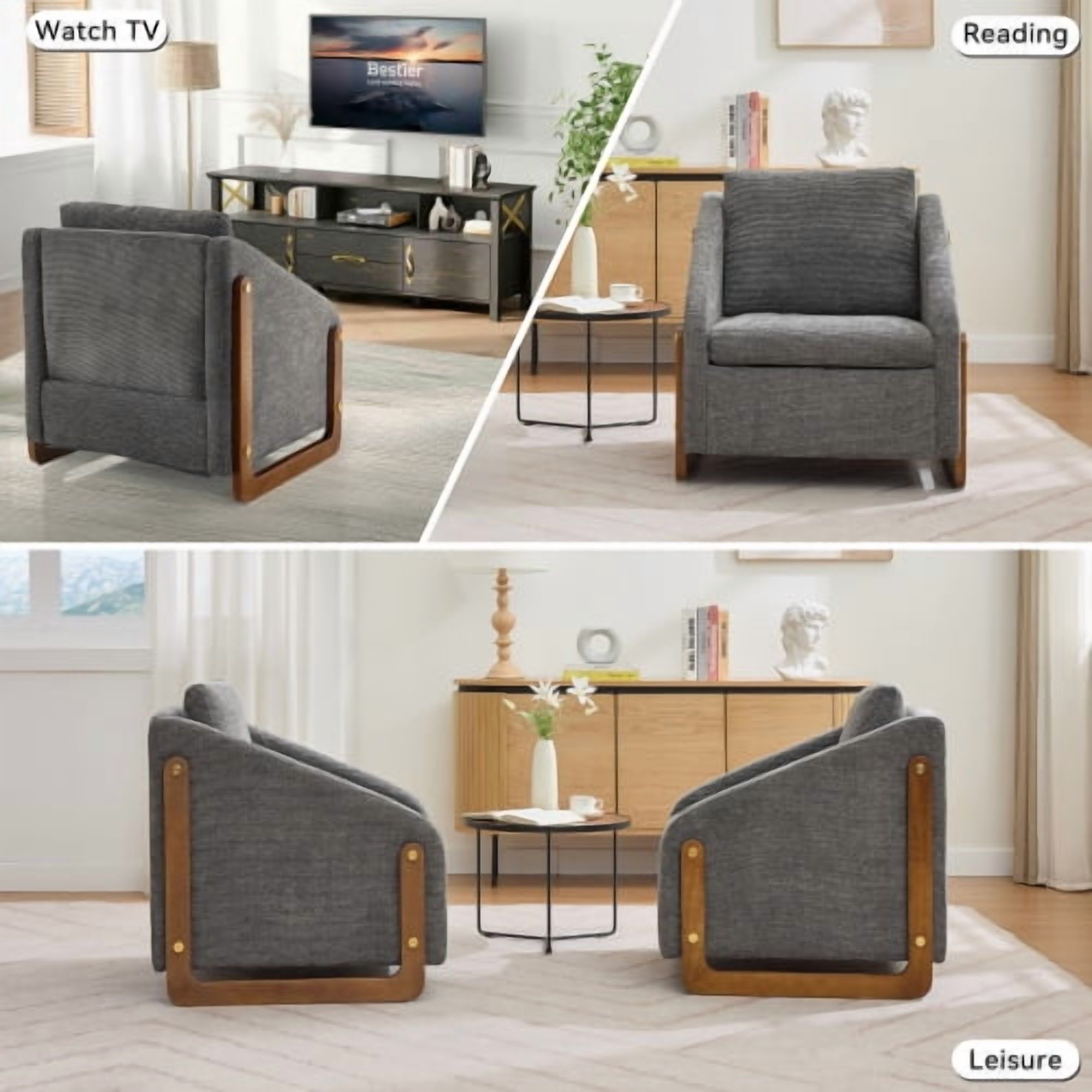 MOONMISS Chenille Fabric Modern Upholstered Armchair With Wooden Side Frame , Accent Leisure Chair With Cushioned Seat And Backrest For Living Room, Bedroom,Gray