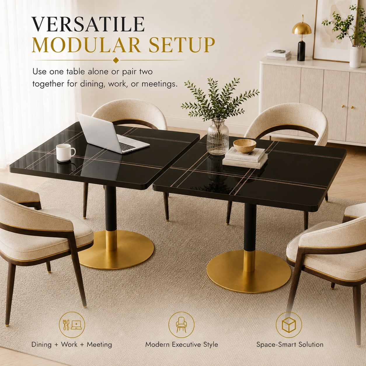 Aukfa 31.5" Square Dining Table for 2-4, Marble-Look Sintered Stone Top, Gold Pedestal Base, Small Spaces,Nero Black