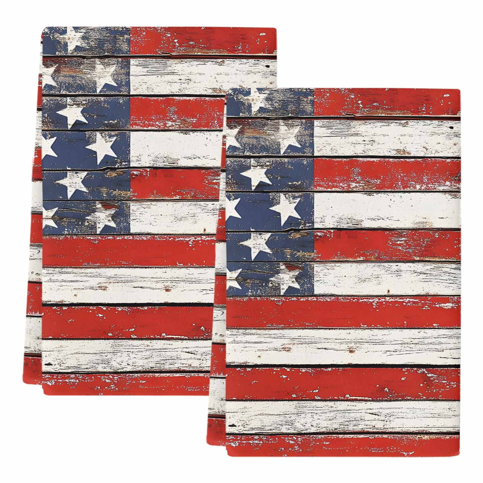 American Flag Kitchen Towels Set of 2, Red Blue Star Stripes Rustic Farmhouse Wood Absorbent Dish Towels for Kitchen, Microfiber Hand Towel, Quick Drying Tea Towel for Cleaning Decorative Dishcloths