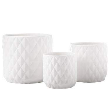 Urban Trends Collection 11014 Ceramic Round Pot with Embossed Diamond Geometrical Pattern Design Body&#44; Matte White - Set of 3