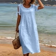 thumbnail image 5 of VBVC Women's Short Sleeve Cotton Linen Midi Dress , Summer Tie Sleeve Dresses For Women,Ladies' Crew Neck Loose Dress with Pockets,Light Blue,S-3XL, 5 of 8
