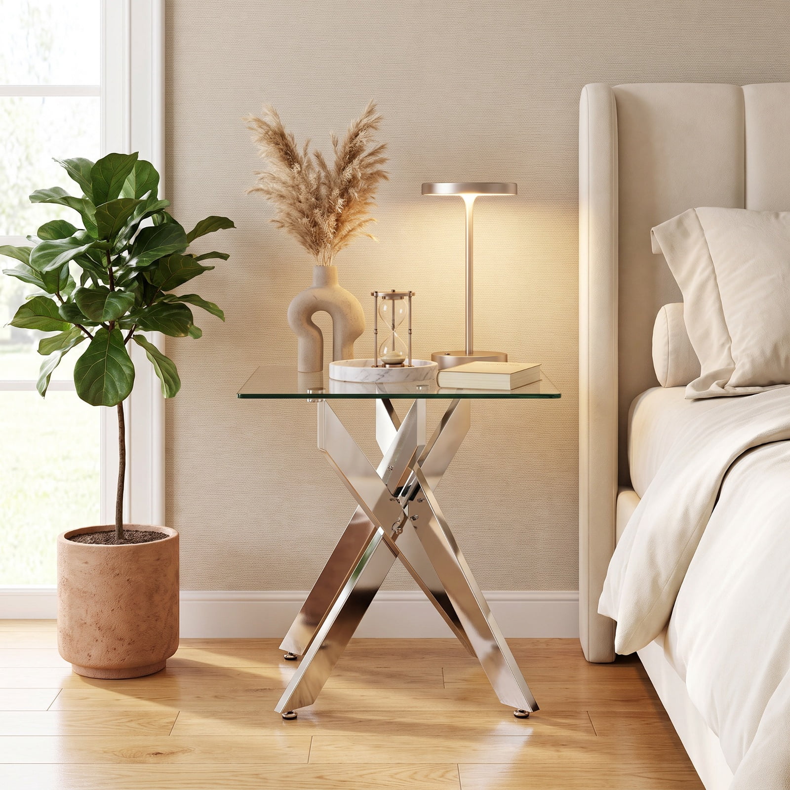 Furnibear Glass Side Table Square End Table with Tempered Glass Top and Metal X Base for Living Room Bedroom and Sofa Side, Silver