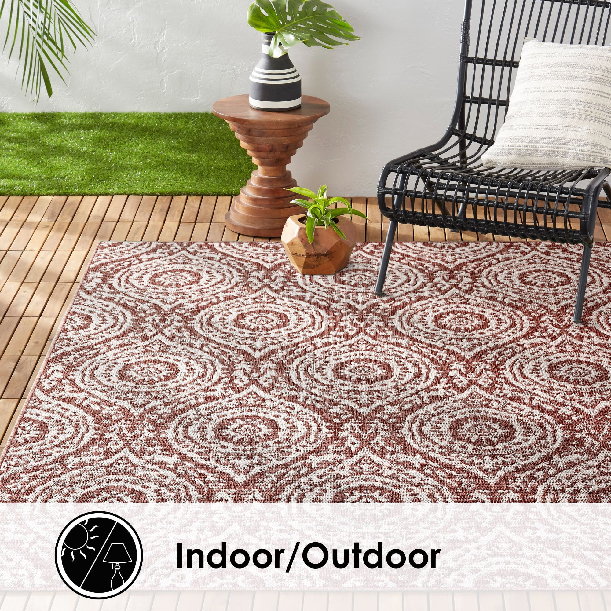 Nicole Miller New York Patio Country Zoe Moroccan Damask Indoor/Outdoor Area Rug, Terracotta/Ivory , 5'2"x7'2"