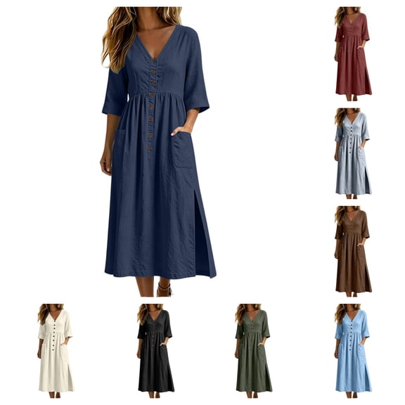 SAWOBUUN Women's Casual 3/4 Sleeve Button Down Midi Dress V Neck High Waist Side Slit Loose Fit Swing Dress with Pockets