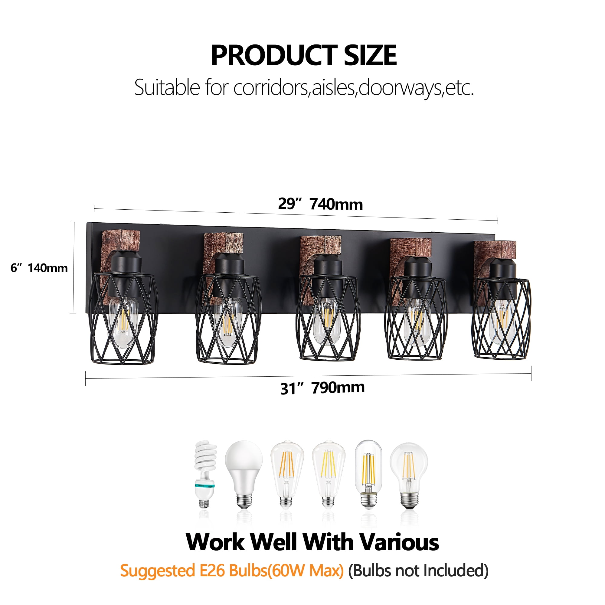 Miniyam 31 in. W 5 Lights Vanity Light Industrial Walnut Black Wall Sconce Black Cage Lighting Fixture for Bathroom Over Mirror, E26, No Bulbs Included