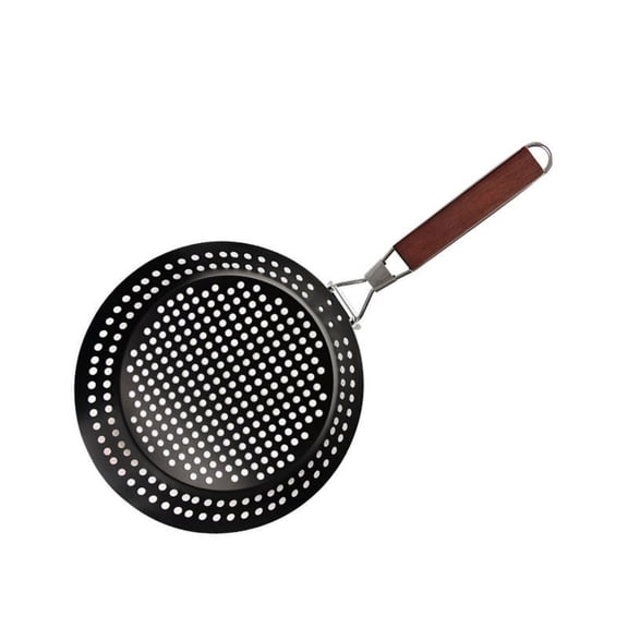 Grill Pan with Wooden Handle Hollow Grill Basket Tray Non-Stick Barbecue Basket