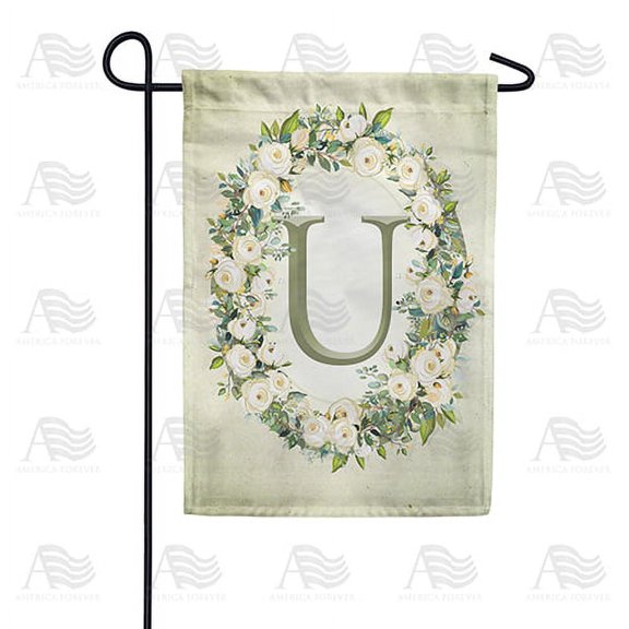 America Forever Spring Monogram Garden Flag Letter U 12.5 x 18 inches Double Sided Vertical Outdoor, Yard, Lawn, Beautiful Floral Wreath, White Flowers, Rose, Summer Themed Garden Flag