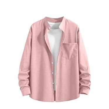 GUZOM Mens UPF 50+ Sun Protection Shirt 100% Cotton Lightweight Long Sleeve Button Down Stand Collar Casual Pink,Size 2XL